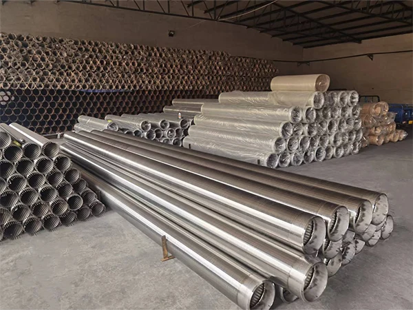 Wire wrapped screen pipes neatly arranged and secured with an iron frame