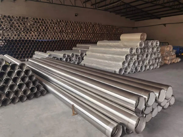 Wire wrapped screen pipes neatly arranged and secured with an iron frame
